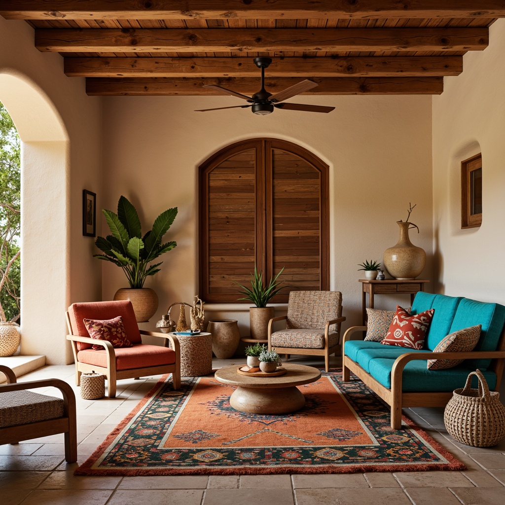 Prompt: Southwestern-inspired living room, earthy tone palette, rustic wooden furniture, woven wicker accents, bold colorful patterns, vibrant turquoise hues, plush textiles, geometric Navajo motifs, natural stone floors, adobe-style architecture, warm golden lighting, shallow depth of field, 1/1 composition, intimate cozy atmosphere, soft focus, realistic wood grain textures.