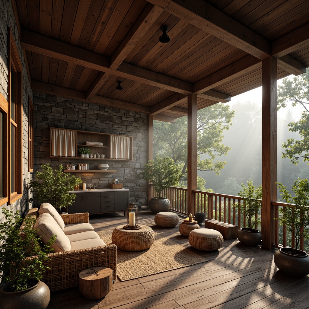 Prompt: Rustic cabin, wooden accents, natural stone walls, earthy color palette, reclaimed wood flooring, vintage metal decorations, woven textiles, rattan furniture, potted plants, forest surroundings, misty morning, soft warm lighting, shallow depth of field, 3/4 composition, panoramic view, realistic textures, ambient occlusion.