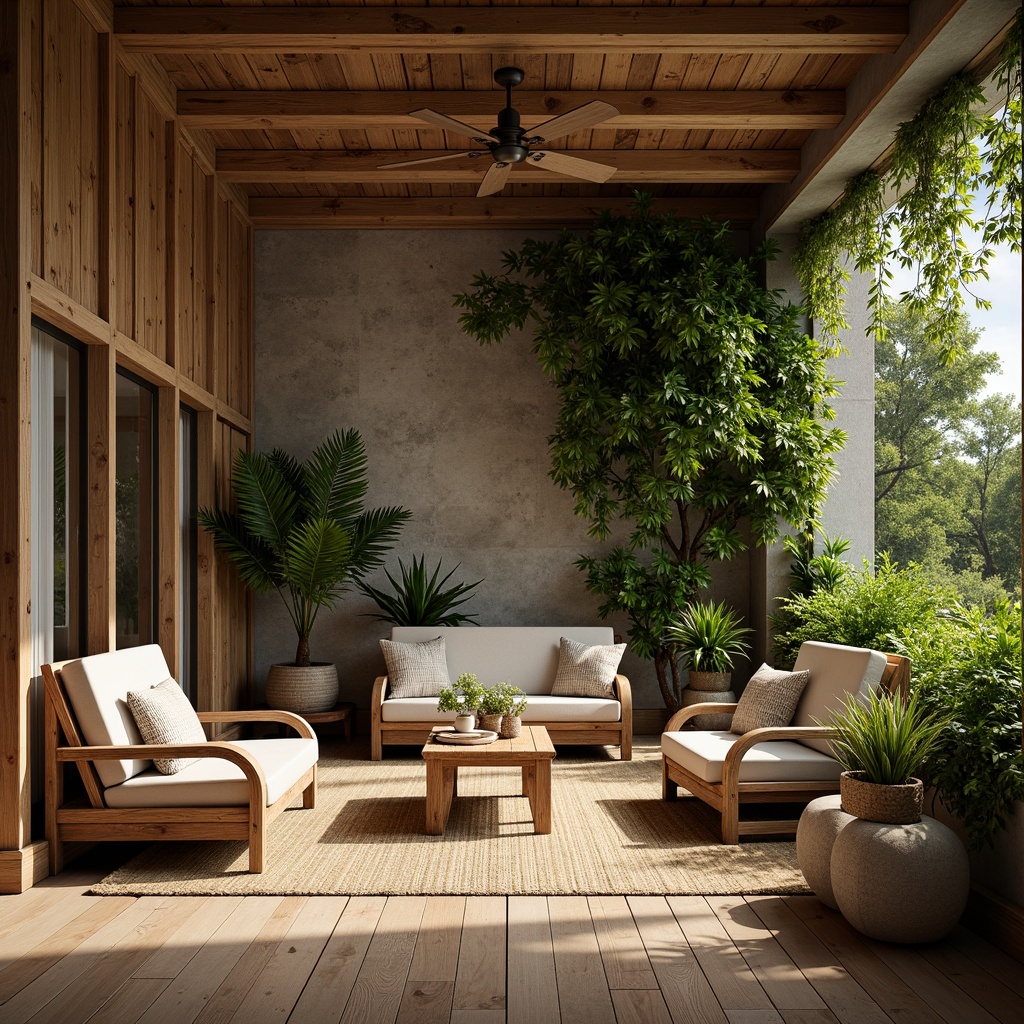 Prompt: Rustic wooden accents, reclaimed wood floors, natural stone walls, earthy color palette, organic shapes, woven wicker furniture, jute rugs, linen upholstery, bamboo details, living green walls, lush indoor plants, warm ambient lighting, cozy atmosphere, serene ambiance, 1/2 composition, soft focus, realistic textures, ambient occlusion.