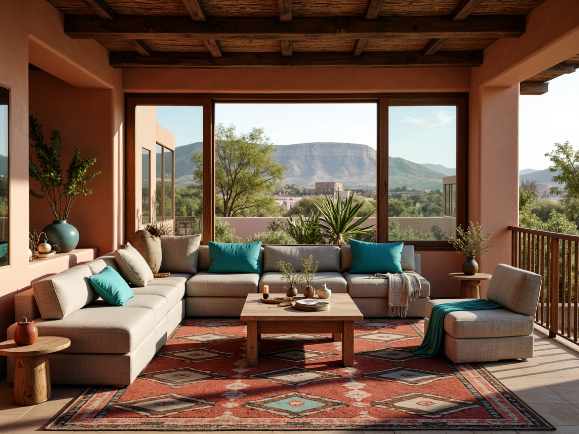 Prompt: Vibrant turquoise accents, earthy terracotta tones, woven Navajo patterns, rustic wooden furniture, plush wool blankets, handmade pottery, colorful kilim rugs, geometric Aztec motifs, distressed leather upholstery, natural linen fabrics, warm candlelight, soft desert breeze, adobe-inspired architecture, arid landscape views, bold cactus silhouettes.