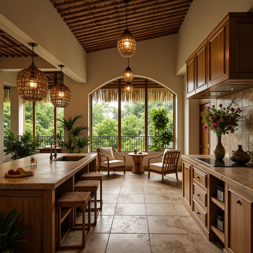 Prompt: Tropical kitchen space, warm beige walls, rich wood cabinets, natural stone countertops, woven bamboo flooring, distressed hardwood planks, glossy ceramic tiles, vibrant greenery, exotic flower arrangements, rattan furniture, pendant lamps, soft warm lighting, shallow depth of field, 3/4 composition, realistic textures, ambient occlusion.