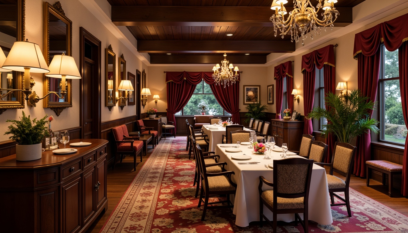 Prompt: Warm traditional dining room, rich wood tones, dark walnut furniture, ornate carvings, elegant chandeliers, luxurious velvet drapes, warm beige walls, soft cream accents, deep red wine colors, antique gold frames, classic floral patterns, refined damask fabrics, subtle sheen finishes, candlelit ambiance, intimate seating arrangements, ornate mirrors, lavish centerpieces.