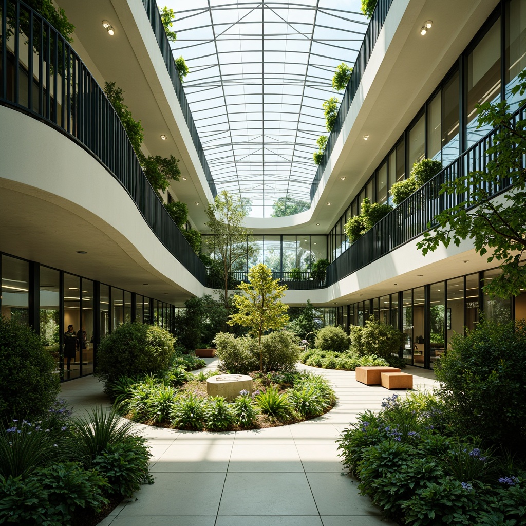 Prompt: Vibrant atrium, lush greenery, transparent roof, clerestory windows, skylights, floor-to-ceiling glazing, reflective surfaces, minimalist interior design, open floor plan, curved lines, organic shapes, eco-friendly materials, sustainable building practices, abundant natural light, soft warm illumination, subtle shading devices, 1/2 composition, high-angle shot, realistic textures, ambient occlusion.