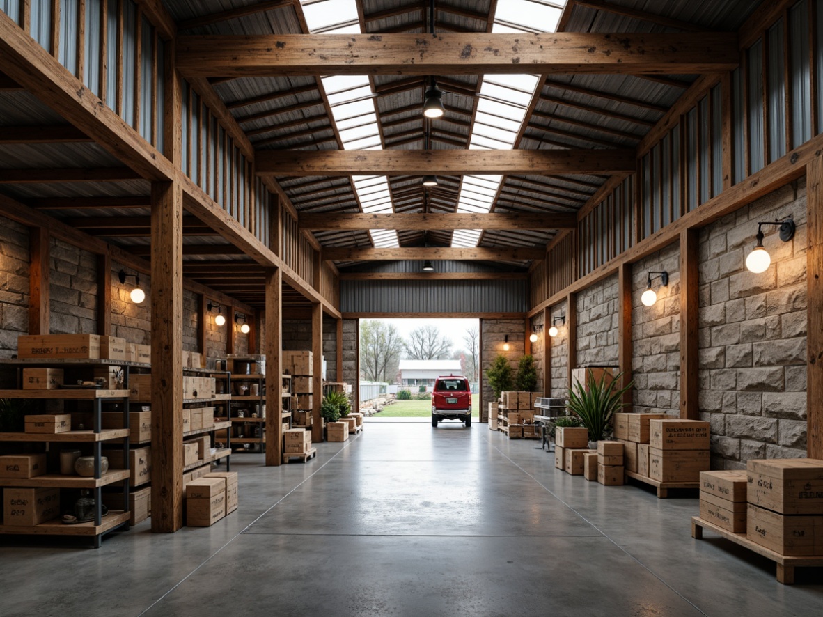 Prompt: Rustic distribution center, exposed wooden beams, distressed wood accents, industrial metal roofing, earthy color palette, natural stone walls, reclaimed wood crates, vintage factory lighting, metal shelving units, concrete flooring, urban industrial landscape, cloudy day, soft warm lighting, shallow depth of field, 3/4 composition, realistic textures, ambient occlusion.