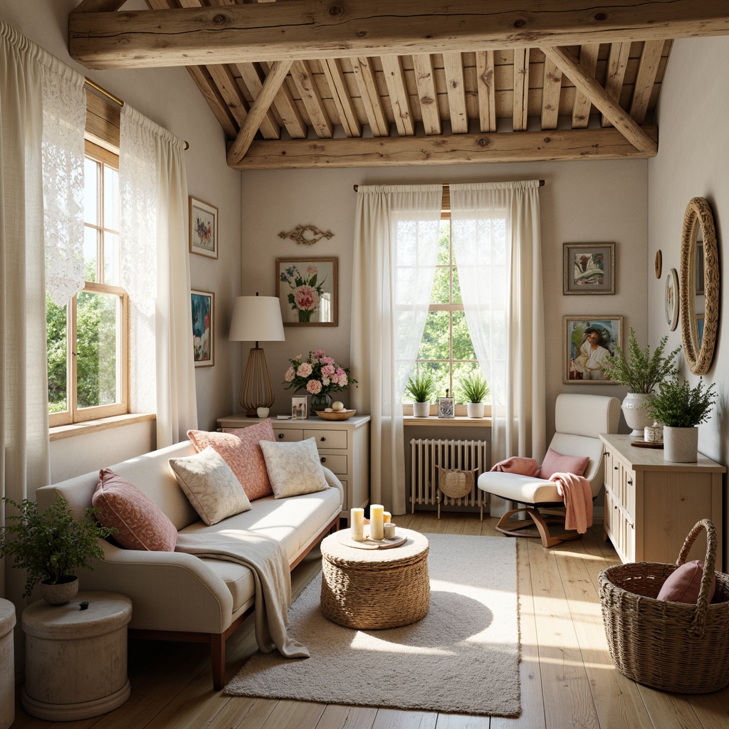 Prompt: Soft, feminine cottage, distressed wood accents, vintage decorations, lace curtains, floral patterns, pastel hues, creamy whites, warm beige tones, soft peach shades, muted blues, pale pinks, gentle yellows, natural textures, woven baskets, ornate mirrors, rustic furniture, romantic ambiance, warm candlelight, shallow depth of field, 1/2 composition, dreamy atmosphere, realistic rendering.