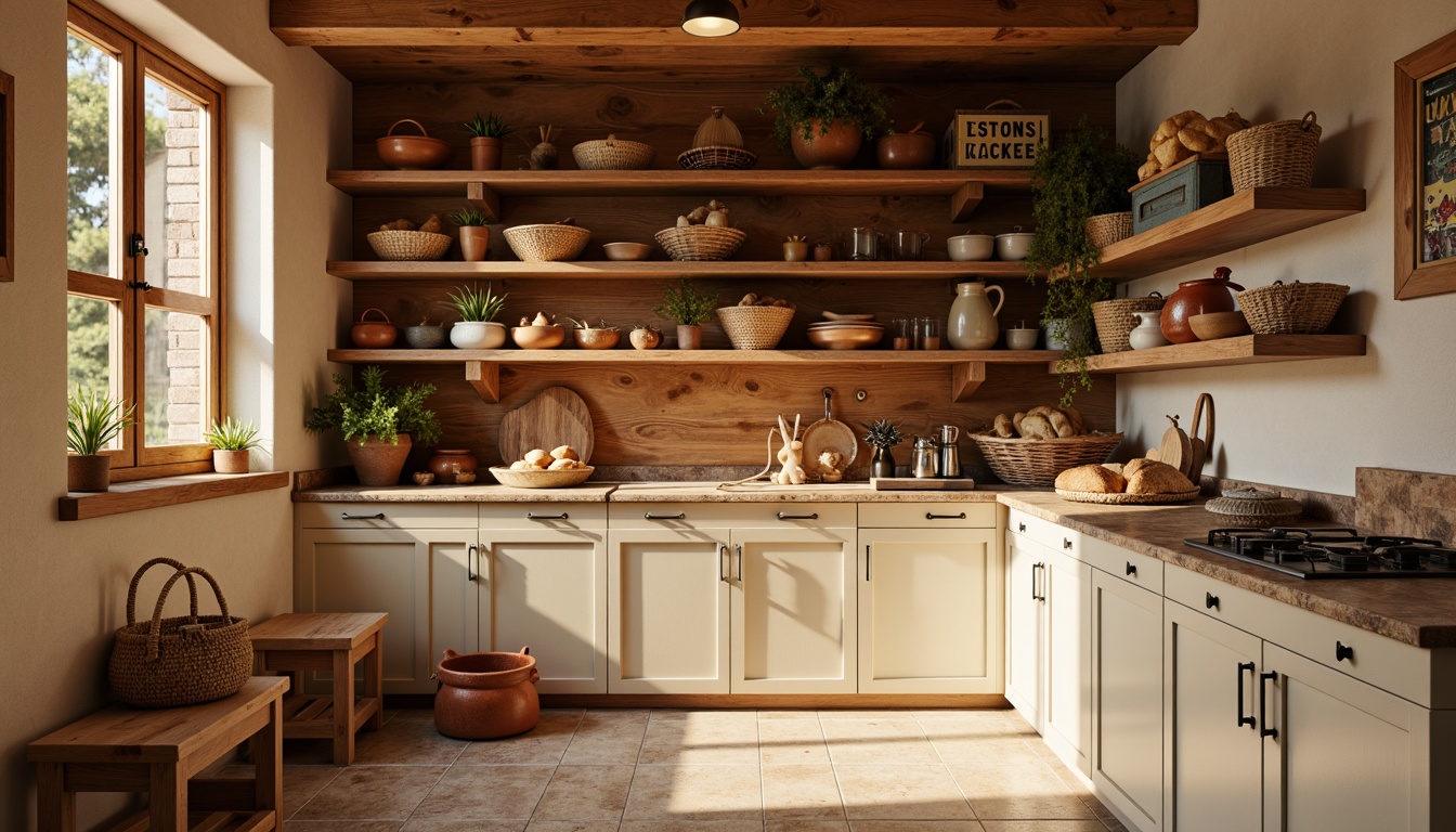 Prompt: Cozy pantry, warm beige walls, rich wood tones, soft golden lighting, rustic wooden shelves, woven baskets, earthy terracotta pots, vintage metal signs, natural stone countertops, creamy white cabinets, subtle copper accents, aromas of fresh bread and spices, shallow depth of field, 1/1 composition, realistic textures, ambient occlusion.