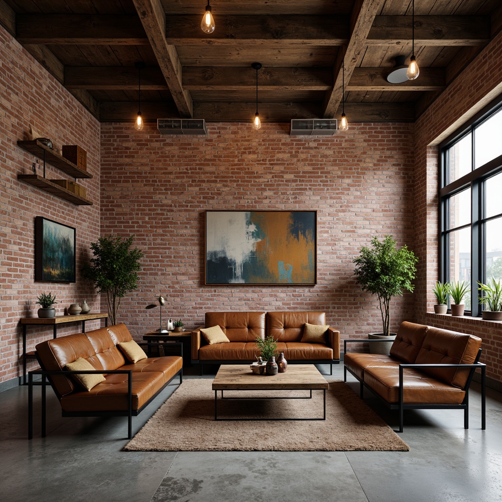 Prompt: Exposed brick walls, reclaimed wood accents, metal beams, urban loft atmosphere, vintage industrial decor, distressed leather sofas, Edison bulb lighting, rustic wooden coffee tables, metal frame chairs, reclaimed wood shelves, abstract art pieces, concrete floors, modern minimalist color palette, soft warm lighting, shallow depth of field, 3/4 composition, panoramic view, realistic textures, ambient occlusion.