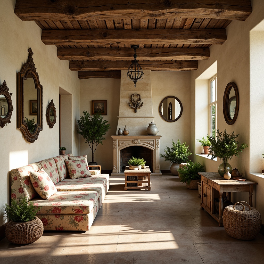 Prompt: Rustic wooden beams, distressed finishes, soft warm lighting, vintage artifacts, antique furniture pieces, floral patterns, toile de Jouy fabrics, cream-colored walls, ornate mirrors, decorative ironwork, natural stone accents, woven baskets, potted greenery, countryside landscapes, sunny afternoons, 1/1 composition, realistic textures, ambient occlusion.