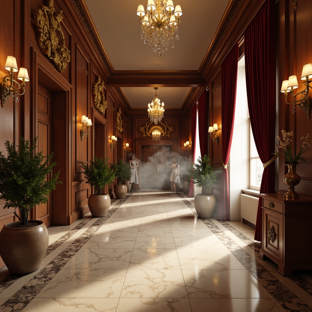 Prompt: Elegant mansion interior, rich wood paneling, ornate moldings, creamy marble floors, intricate carvings, gilded details, velvet drapes, crystal chandeliers, luxurious fabrics, subtle color palette, warm ambient lighting, shallow depth of field, 1/1 composition, realistic textures, soft focus effect, atmospheric mist.