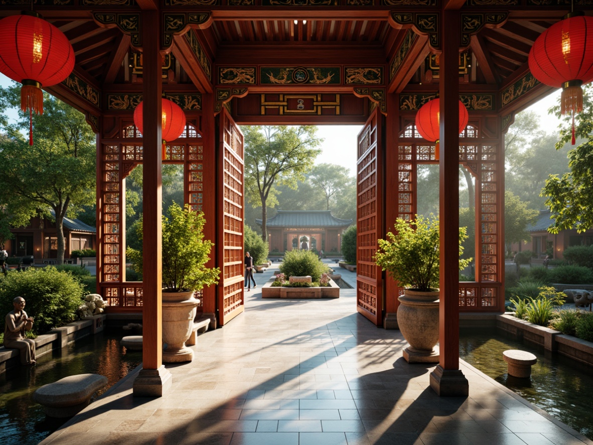 Prompt: Oriental church, intricately carved wooden doors, vibrant red lanterns, ornate golden accents, colorful ceramic tiles, majestic stone statues, serene water features, lush greenery, peaceful koi ponds, tranquil gardens, natural light filtering through paper windows, warm soft lighting, shallow depth of field, 3/4 composition, panoramic view, realistic textures, ambient occlusion.