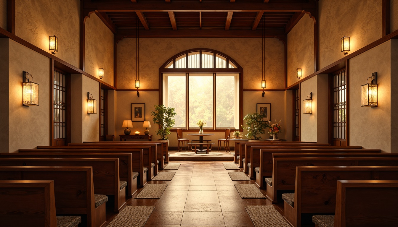 Prompt: Serenity-filled Asian-style church interior, warm wooden pews, ornate lanterns, gentle candlelight, traditional Chinese motifs, intricate carvings, soft silk fabrics, elegant curves, minimalist decor, natural materials, earthy tones, peaceful ambiance, subtle aromas, contemplative atmosphere, low-to-ground seating, tatami mats, sliding shoji screens, warm beige walls, subtle lighting, shallow depth of field, 2/3 composition, intimate setting, realistic textures, ambient occlusion.