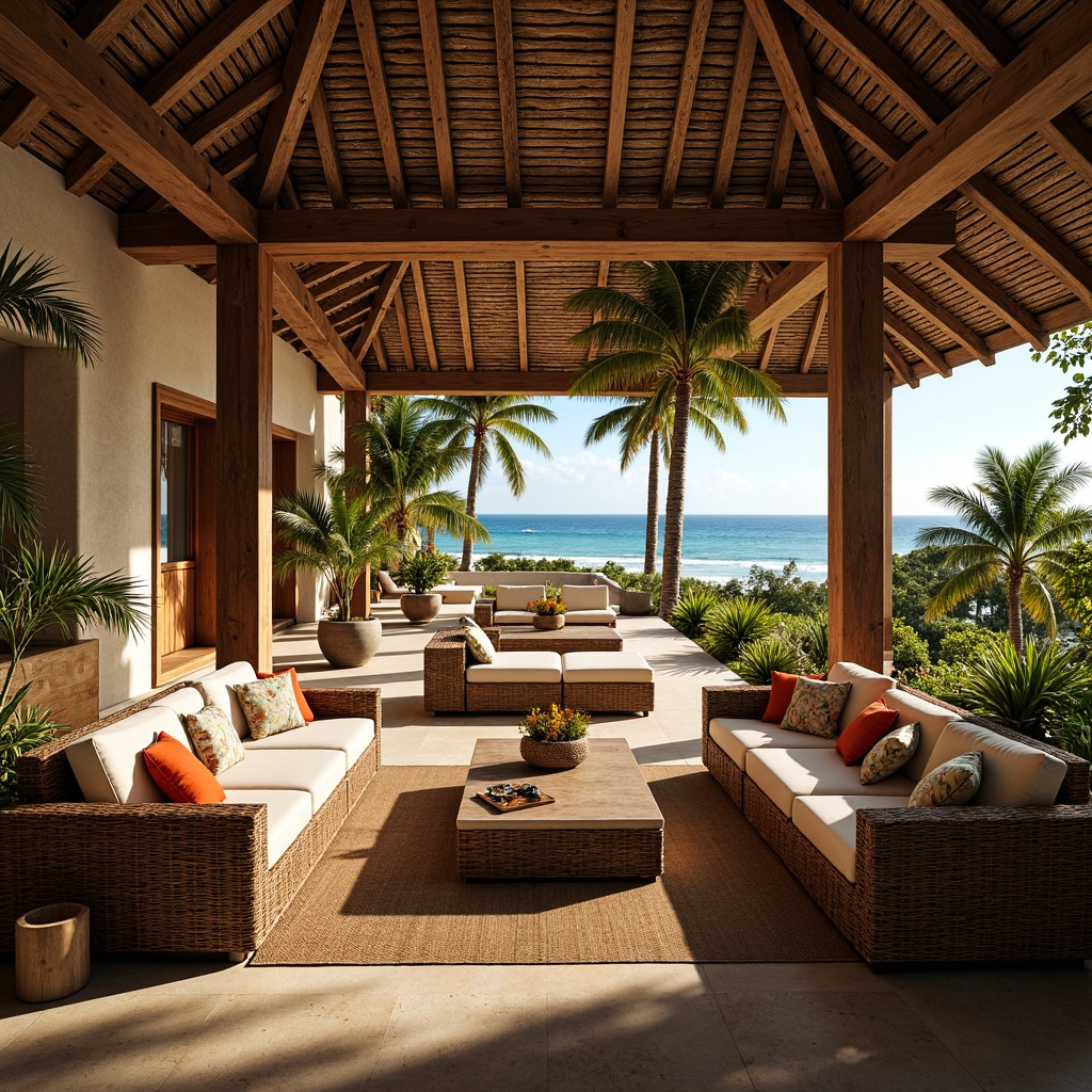 Prompt: Tropical hotel lobby, rattan furniture, plush cushions, natural fabrics, woven baskets, wooden accents, vibrant colors, exotic patterns, palm tree decor, coastal views, sunny day, warm lighting, shallow depth of field, 3/4 composition, panoramic view, realistic textures, ambient occlusion.Let me know if you need any adjustments!