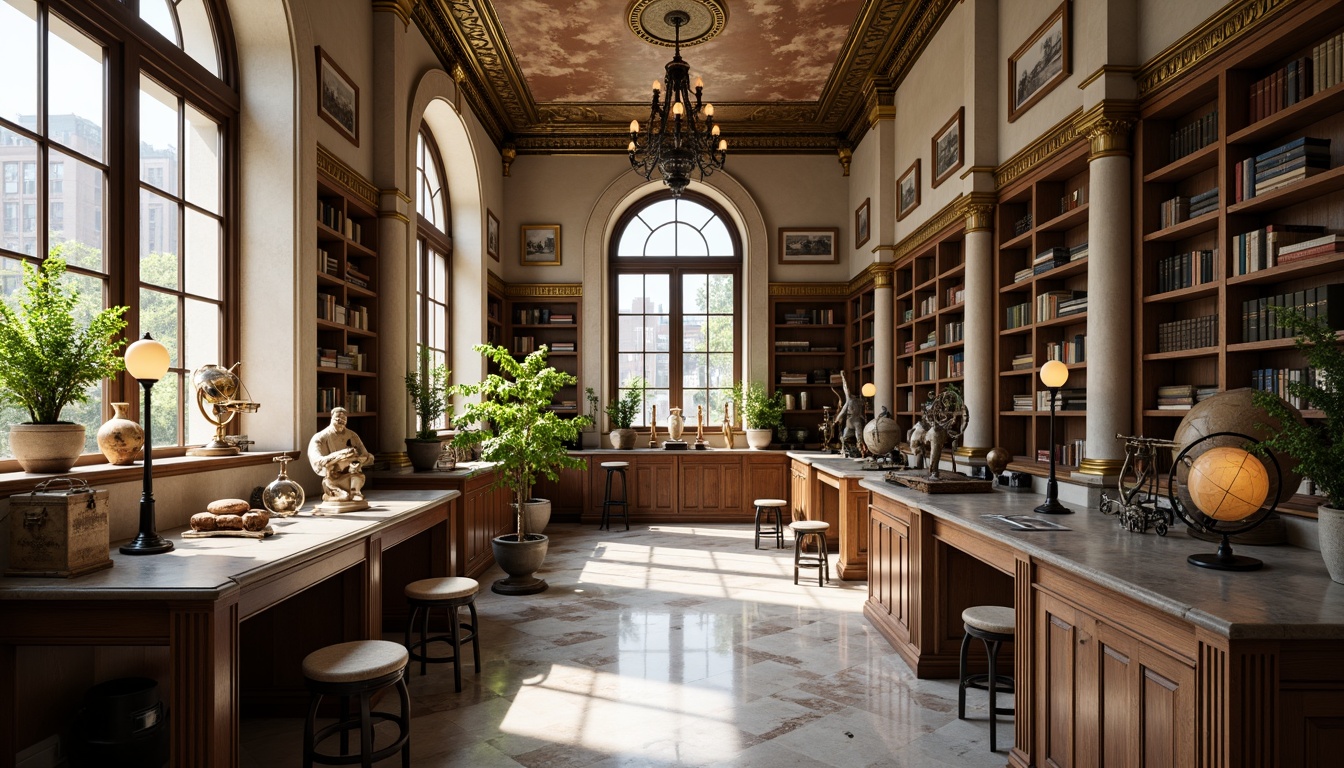 Prompt: Elegant laboratory, neoclassical architecture, ornate columns, grand archways, polished marble floors, luxurious chandeliers, refined wooden cabinetry, sleek metalwork, vintage scientific instruments, antique globes, leather-bound books, sophisticated shelving systems, abundant natural light, soft warm glow, shallow depth of field, 1/2 composition, symmetrical framing, realistic textures, ambient occlusion.