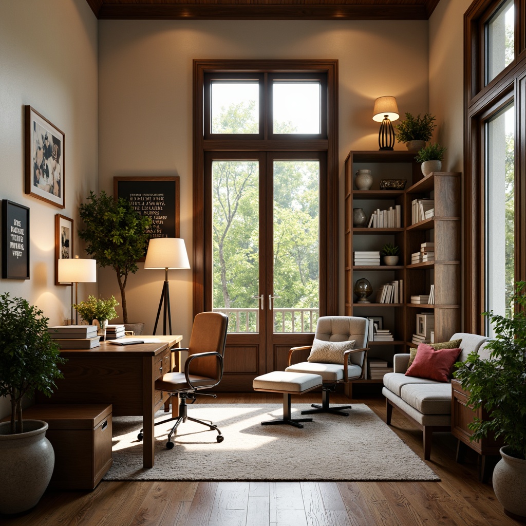 Prompt: Cozy home office, academic style decor, warm wooden desk, comfortable ergonomic chair, floor lamps, table lamps, softbox lights, natural light pouring in, large windows, French doors, greenery views, bookshelves, framed artwork, motivational quotes, rustic wood accents, earthy color palette, warm beige walls, creamy white trim, task lighting, ambient lighting, 3/4 composition, shallow depth of field, realistic textures.