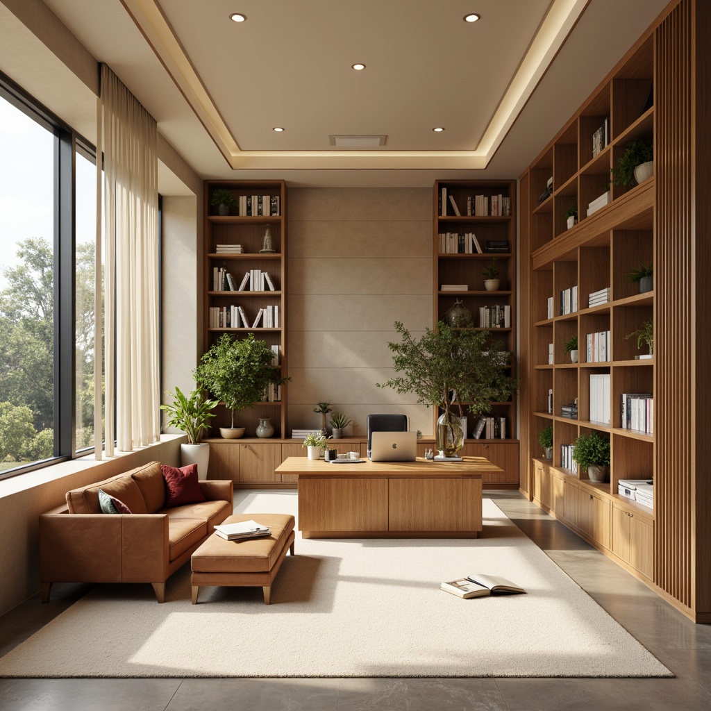 Prompt: Professional academic office, earthy tones, warm beige walls, rich wood accents, comfortable leather furniture, soft cream carpets, subtle greenery, natural light, calming atmosphere, organized bookshelves, modern minimalist decor, neutral background, focused workspace, efficient layout, task-oriented lighting, 1/1 composition, realistic textures, ambient occlusion.