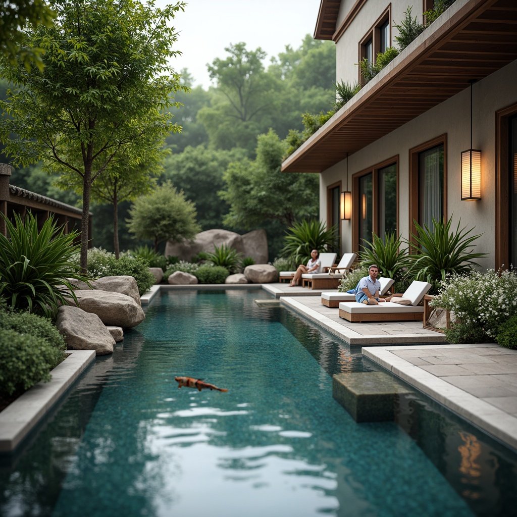 Prompt: Serenely landscaped swimming pool, tranquil water features, Asian-inspired architecture, natural stone surrounds, lush greenery, bamboo accents, gentle waterfall, koi pond, Japanese lanterns, ornate wooden bridges, soft misting system, warm lighting, shallow depth of field, 1/2 composition, realistic textures, ambient occlusion, serene ambiance.