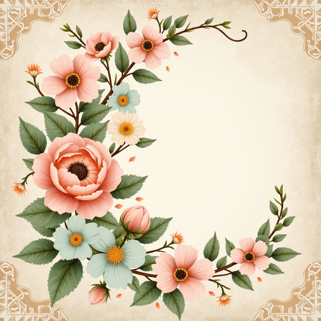 Prompt: Vibrant floral arrangement, pastel hues, soft peach tones, minty fresh accents, golden lighting, warm beige background, delicate lace patterns, intricate botanical illustrations, whimsical watercolor textures, romantic distressed finishes, natural earthy elements, elegant typography, harmonious color balance, 1/2 composition, shallow depth of field, soft focus, warm atmospheric lighting.