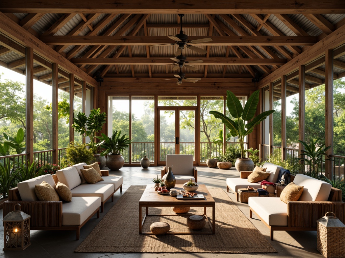 Prompt: Vibrant tropical plants, natural wood accents, earthy tones, exposed beams, high ceilings, spacious open layout, rustic wooden furniture, woven rattan chairs, plush sectional sofas, vintage decorative items, distressed metal lanterns, warm ambient lighting, soft diffused shadows, lush greenery views, sliding glass doors, modern farmhouse architecture, corrugated metal roofs, natural stone flooring, woven jute rugs, cozy reading nooks, 1/2 composition, relaxed atmosphere, realistic textures.