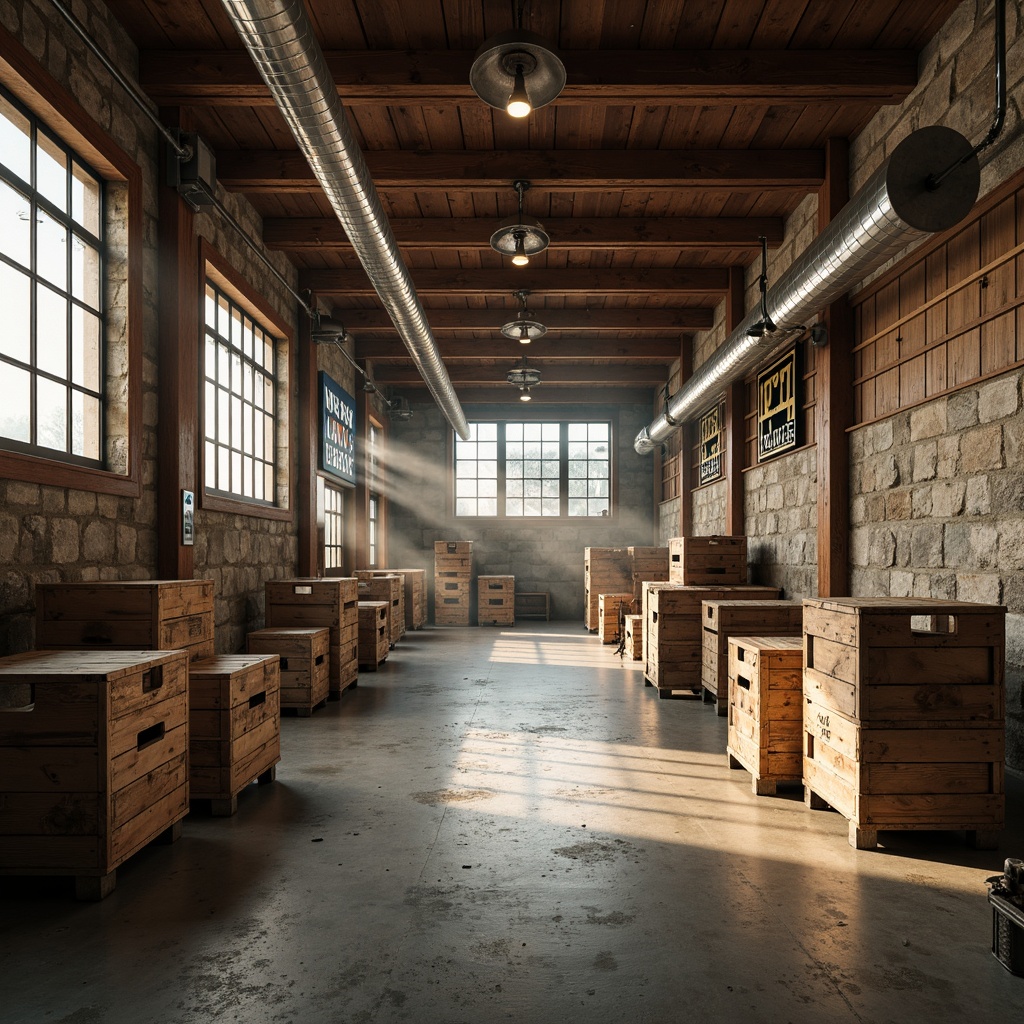 Prompt: Rustic distribution center, exposed wooden beams, natural stone walls, reclaimed wood accents, earthy color palette, industrial metal fixtures, vintage factory windows, concrete floors, distressed metal signage, rustic wooden crates, warm ambient lighting, soft focus effect, shallow depth of field, 1/1 composition, realistic textures, atmospheric fog.