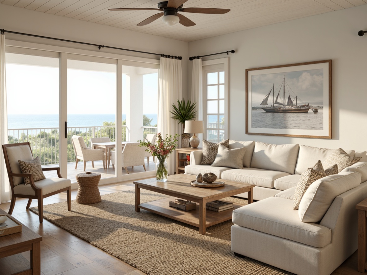 Prompt: Airy coastal living room, soft natural light, creamy white walls, driftwood accents, woven sea grass rugs, plush linen sofas, vintage nautical decor, distressed wood coffee tables, shell-adorned vases, ocean-inspired artwork, floor-to-ceiling windows, sliding glass doors, sheer white curtains, beachy vibe, warm sunny day, gentle ocean breeze, soft focus, shallow depth of field, 1/2 composition, realistic textures, ambient occlusion.