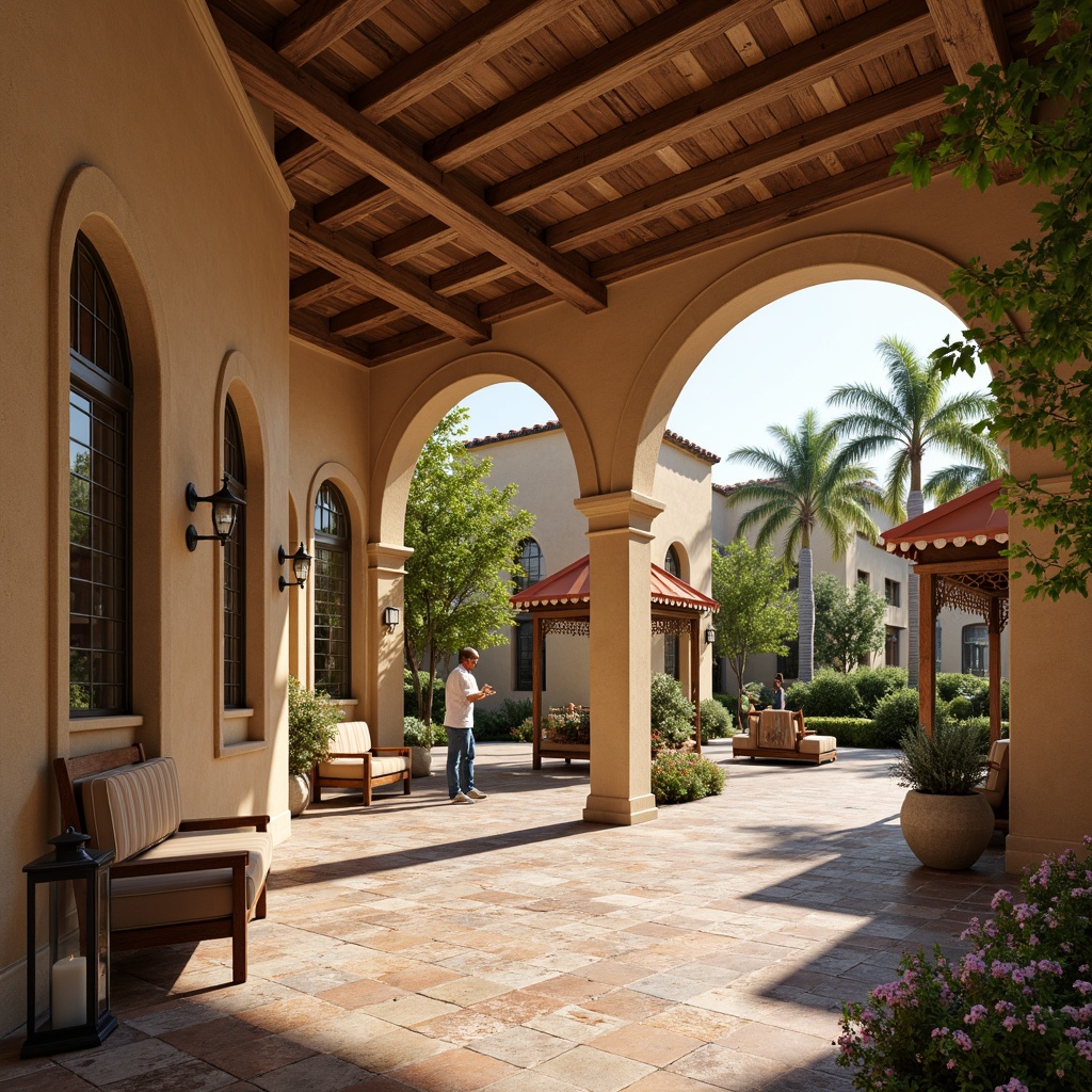 Prompt: Warm beige stucco exterior, curved archways, ornate ironwork details, vibrant ceramic tiles, rustic stone flooring, wooden beam ceilings, natural light pouring in, lush greenery surroundings, palm trees, bougainvillea flowers, sunny afternoon, soft warm lighting, shallow depth of field, 3/4 composition, panoramic view, realistic textures, ambient occlusion, bus shelters with terracotta roofs, decorative lanterns, ornate benches, Mediterranean-inspired landscaping.