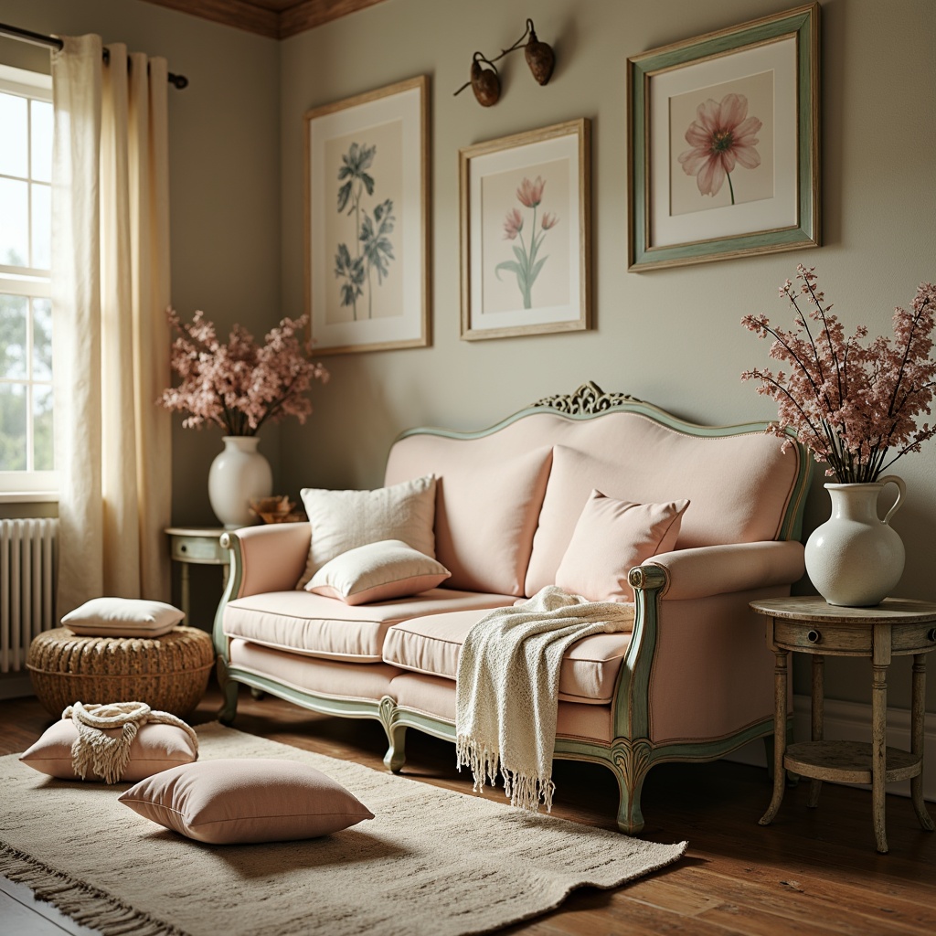 Prompt: Distressed vintage furniture, soft pastel hues, warm beige tones, gentle peach accents, muted sage greens, creamy whites, distressed wood textures, ornate metal details, lace trimmings, floral patterns, rustic country charm, cozy candlelight, warm afternoon sunbeams, 1/1 composition, shallow depth of field, realistic fabric textures, subtle ambient occlusion.