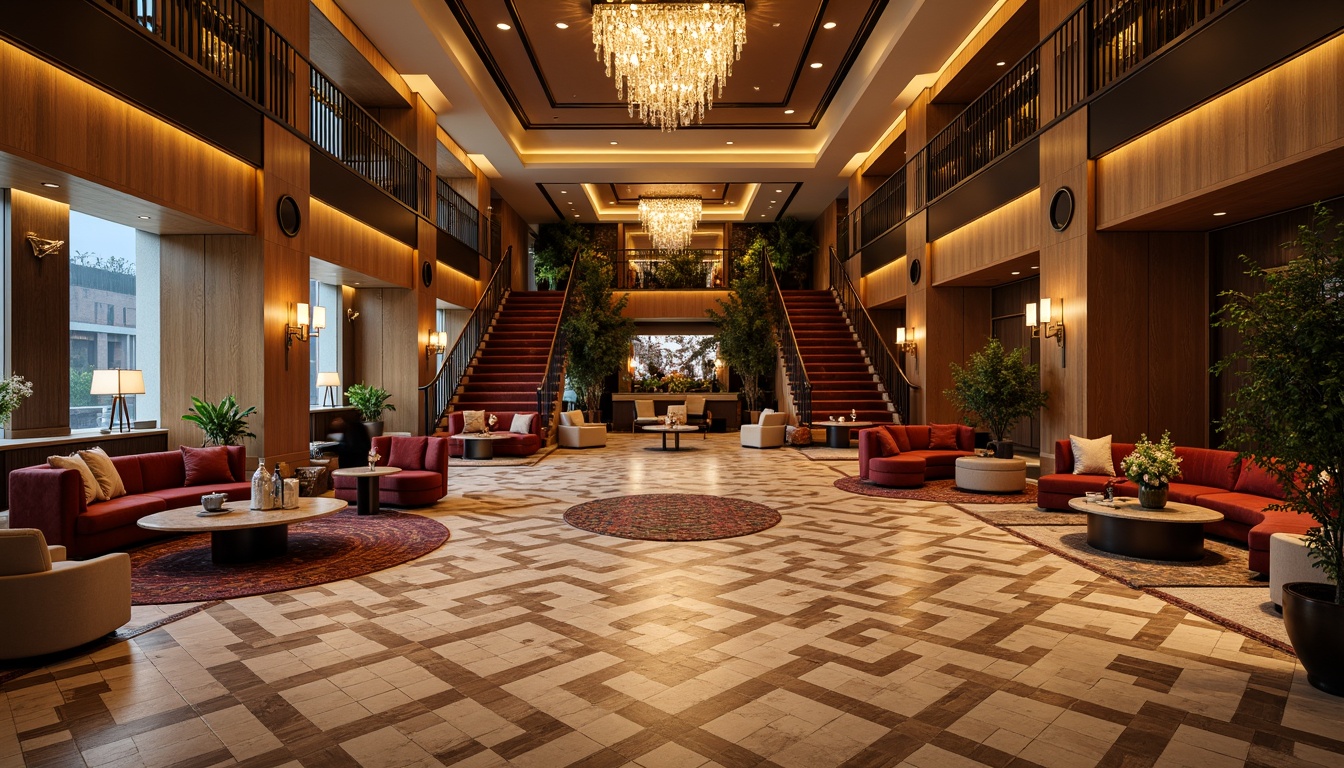 Prompt: Luxurious hotel lobby, geometric patterned floor tiles, ornate metalwork, rich wood paneling, velvet upholstery, curved sofas, marble coffee tables, chrome accents, lavish chandeliers, grand staircases, dramatic drapery, opulent carpets, statement lighting fixtures, symmetrical composition, 1/1 aspect ratio, warm golden lighting, realistic reflections, ambient occlusion.