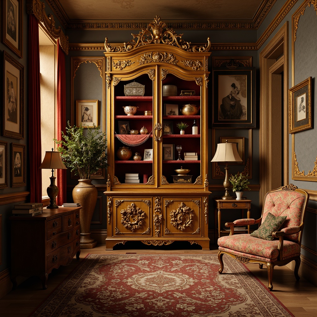 Prompt: Opulent storage room, ornate wooden cabinets, intricately carved gilded details, lavish velvet fabrics, richly patterned silk textiles, delicate lace trimmings, antique furniture pieces, distressed finishes, warm golden lighting, shallow depth of field, 1/1 composition, soft focus effect, elegant curves, ornamental motifs, French-inspired design, luxurious ambiance, vintage accessories, exquisite craftsmanship.