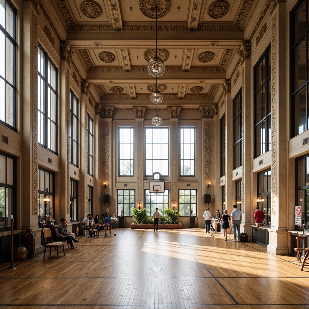 Prompt: \Grand gymnasium interior, ornate columns, intricate stone carvings, polished wooden flooring, athletic equipment, basketball hoops, volleyball nets, exercise machines, free weights, mirrored walls, high ceilings, large windows, natural light, warm color tones, detailed moldings, classical architecture, symmetrical composition, 1/2 camera angle, softbox lighting, realistic textures, ambient occlusion.\