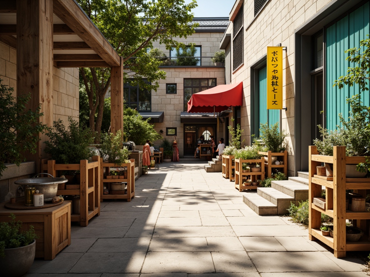 Prompt: Vibrant market scene, warm neutral tones, earthy brown wooden crates, rich turquoise accents, bold red and yellow signage, soft cream-colored stone walls, lush greenery, modern industrial lighting, metal beams, distressed concrete floors, eclectic mix of textures, abstract geometric patterns, urban cityscape, bright sunny day, shallow depth of field, 1/1 composition, realistic rendering, ambient occlusion.