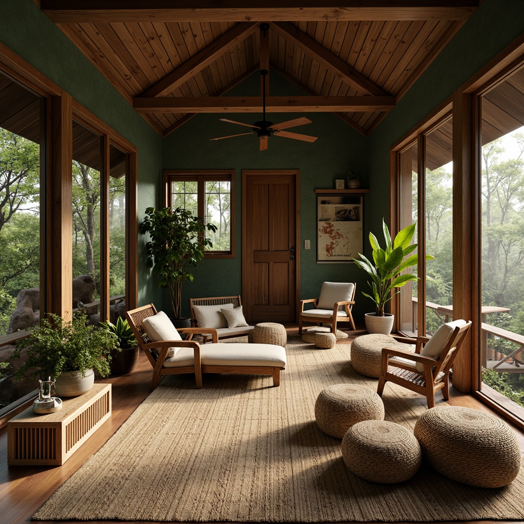 Prompt: Earth-toned cabin, reclaimed wood accents, living green walls, organic stone floors, bamboo furniture, woven rattan textiles, natural fiber rugs, earthy color palette, warm ambient lighting, soft shadows, 3/4 composition, intimate scale, cozy atmosphere, forest surroundings, misty morning, soft focus, realistic textures.