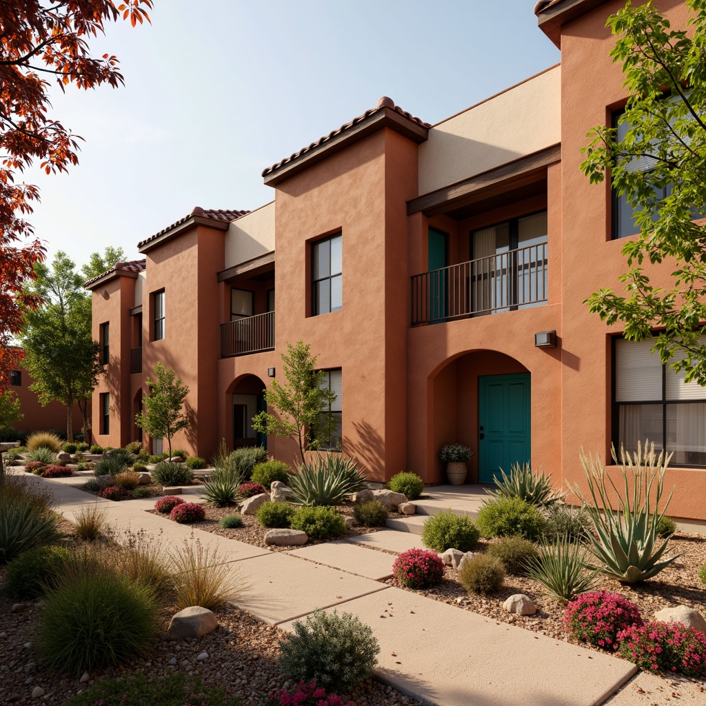 Prompt: Vibrant southwestern style apartments, earthy terracotta exteriors, warm beige stucco walls, turquoise accents, rustic wooden doors, wrought iron railings, desert landscaping, cacti plants, vibrant red flowers, Spanish tile roofs, arched windows, soft sandy pathways, warm golden lighting, shallow depth of field, 1/2 composition, realistic textures, ambient occlusion.