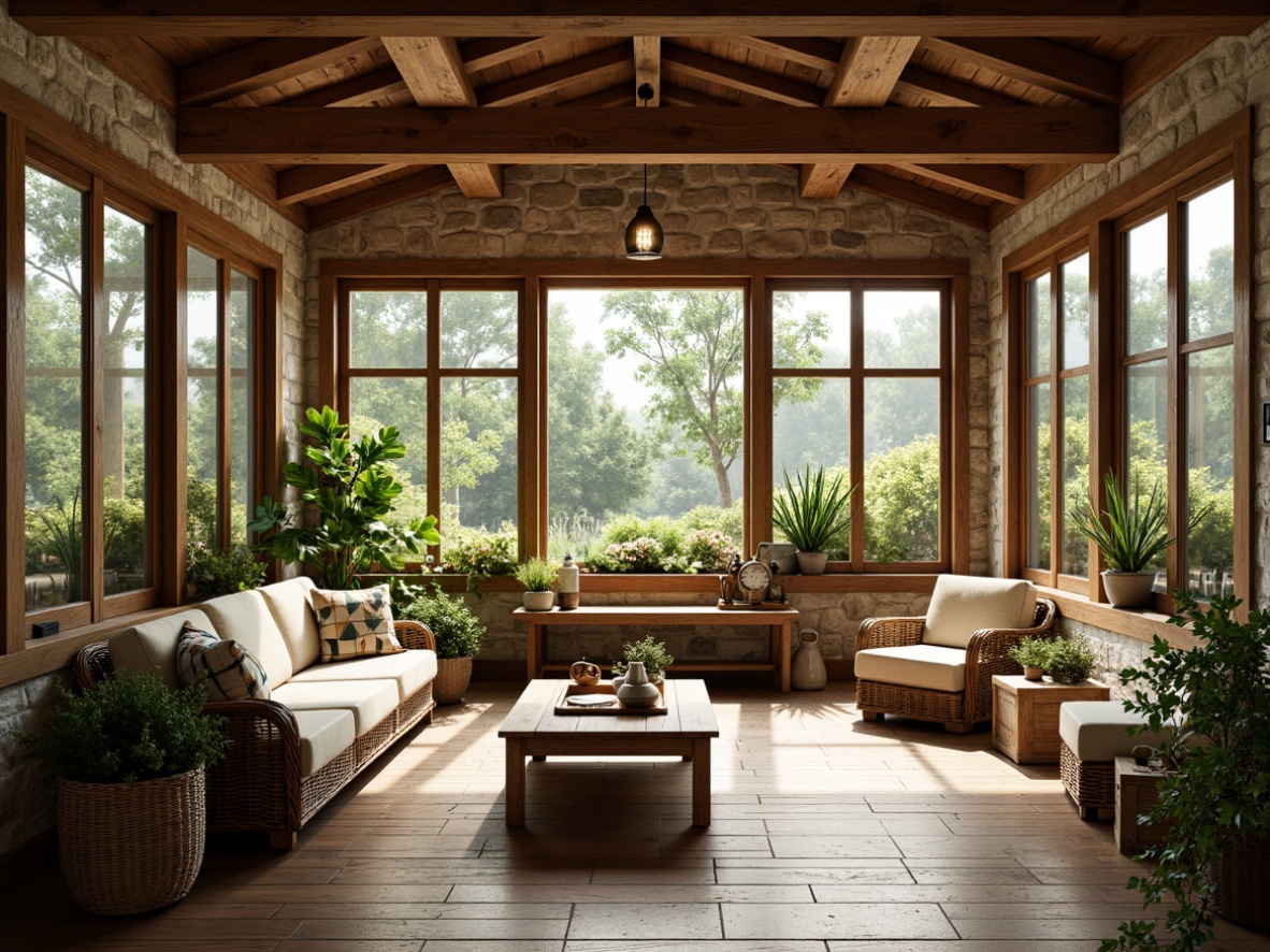 Prompt: Cozy sunroom, farmhouse style, large windows, natural light, rustic wooden beams, stone walls, earthy tones, lush greenery, potted plants, wicker furniture, vintage decor, soft warm lighting, shallow depth of field, 1/1 composition, panoramic view, realistic textures, ambient occlusion.