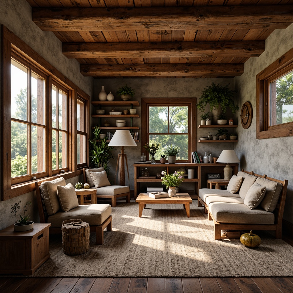 Prompt: Rustic cabin interior, wooden accents, distressed finishes, earthy tones, stone walls, exposed beams, wooden furniture, woven textiles, vintage decor, natural lighting, warm color palette, cozy atmosphere, soft shadows, shallow depth of field, 2/3 composition, realistic textures, ambient occlusion.