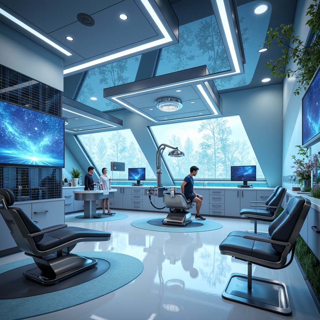 Prompt: Futuristic dental clinic, sleek metallic reception desk, holographic display screens, minimalist chairs, angular glass partitions, neon-lit ceiling, vibrant LED lighting, high-tech dental equipment, robotic arms, advanced 3D printing machines, sterile white floors, hygienic glass walls, modern ergonomic dental chairs, futuristic waiting area, ambient electronic music, shallow depth of field, 1/2 composition, soft focus effect, realistic metallic textures.