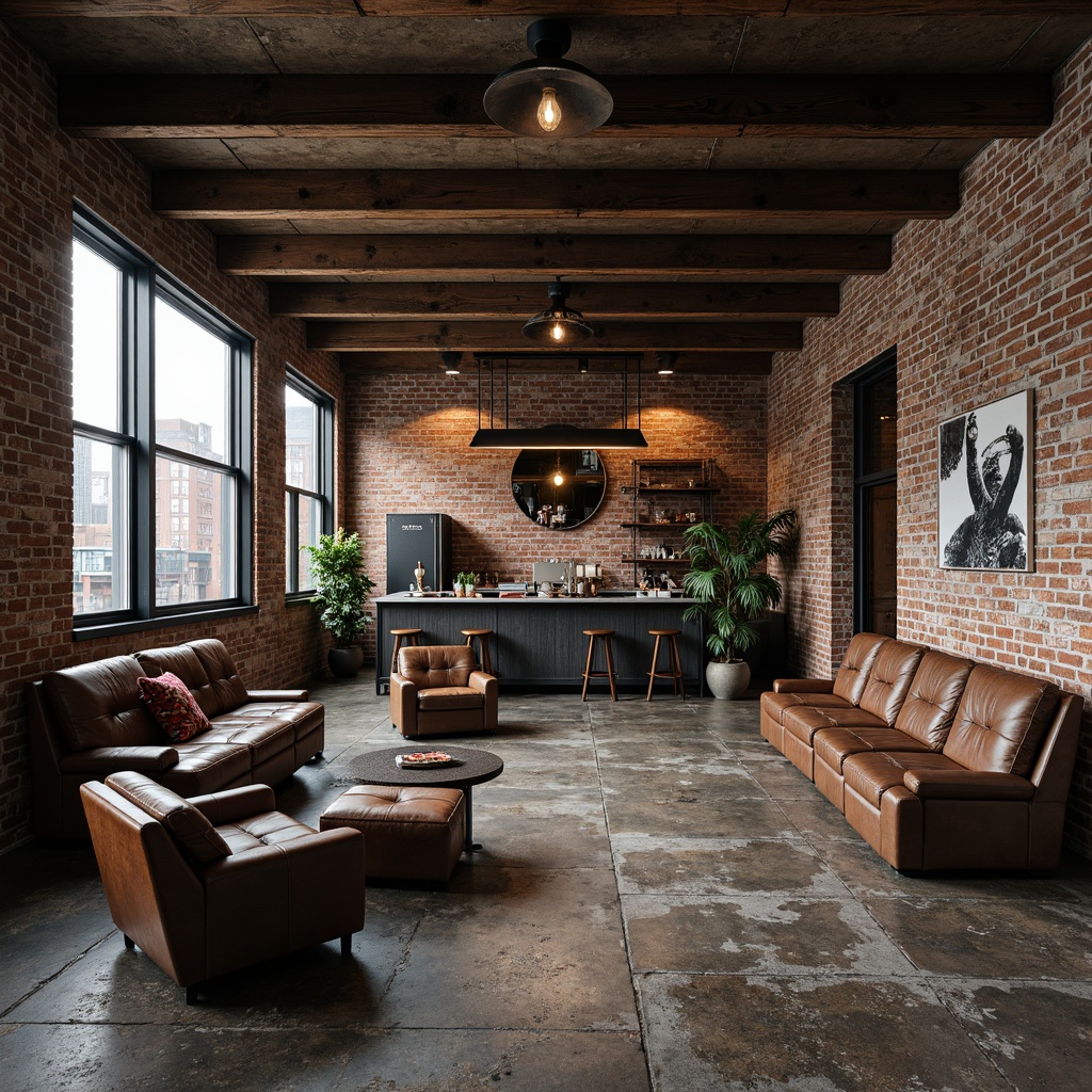 Prompt: Exposed brick walls, metal beams, reclaimed wood accents, industrial chic decor, vintage machinery parts, distressed leather upholstery, rugged concrete floors, metallic tones, urban loft atmosphere, abstract graffiti patterns, urban cityscape views, moody dim lighting, 1/2 composition, low-key color palette, realistic textures, ambient occlusion.