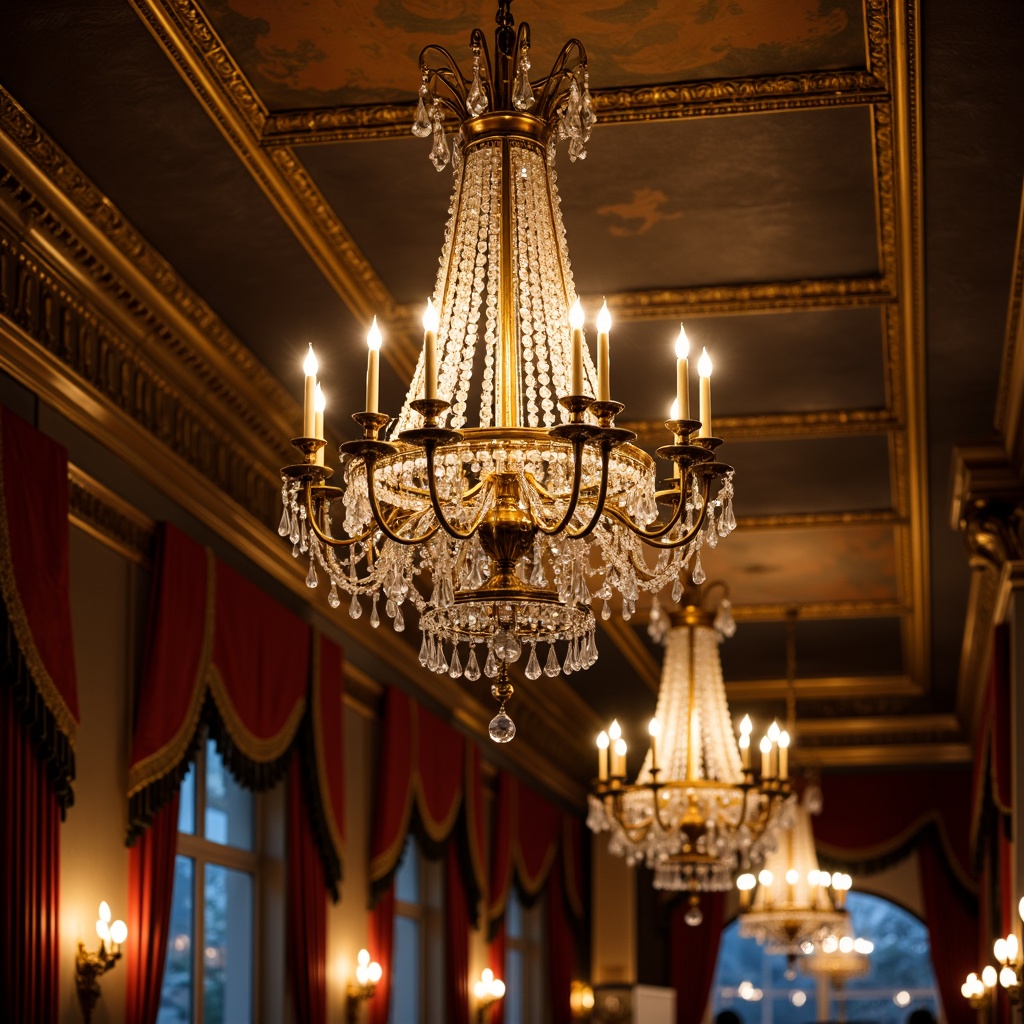 Prompt: Ornate chandeliers, crystal drops, gilded metalwork, delicate filigree, soft warm glow, candle-like lighting, intricate carvings, luxurious fabrics, velvet drapes, golden accents, ornamental mirrors, Rococo-inspired patterns, florid details, elegant curves, lavish decor, opulent furnishings, grandiose ceilings, sophisticated ambiance, 1/1 composition, shallow depth of field, soft focus, warm color palette.