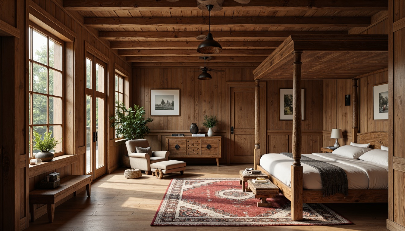 Prompt: Rustic wooden accents, natural oak flooring, wooden beam ceiling, earthy color palette, cozy reading nook, plush area rug, comfortable armchair, wooden four-poster bed, traditional craftsmanship, ornate wood carvings, vintage metal hardware, warm soft lighting, shallow depth of field, 1/1 composition, intimate atmosphere, realistic textures, ambient occlusion.