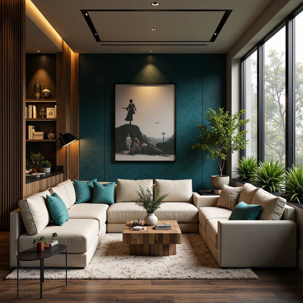 Prompt: Richly textured walls, velvety dark blue accents, warm golden lighting, soft beige furniture, luxurious creamy whites, vibrant turquoise decorative pieces, natural wood flooring, eclectic mix of patterns, bold black outlines, subtle gradient effects, atmospheric misty ambiance, 1/1 composition, shallow depth of field, realistic textures.