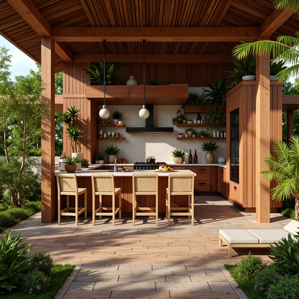 Prompt: Tropical kitchen space, warm wood tones, exotic hardwood flooring, Brazilian cherry, African mahogany, natural stone tiles, travertine, limestone, bamboo accents, woven rattan furniture, lush greenery, pendant lighting, soft warm glow, 1/1 composition, shallow depth of field, realistic textures, ambient occlusion.