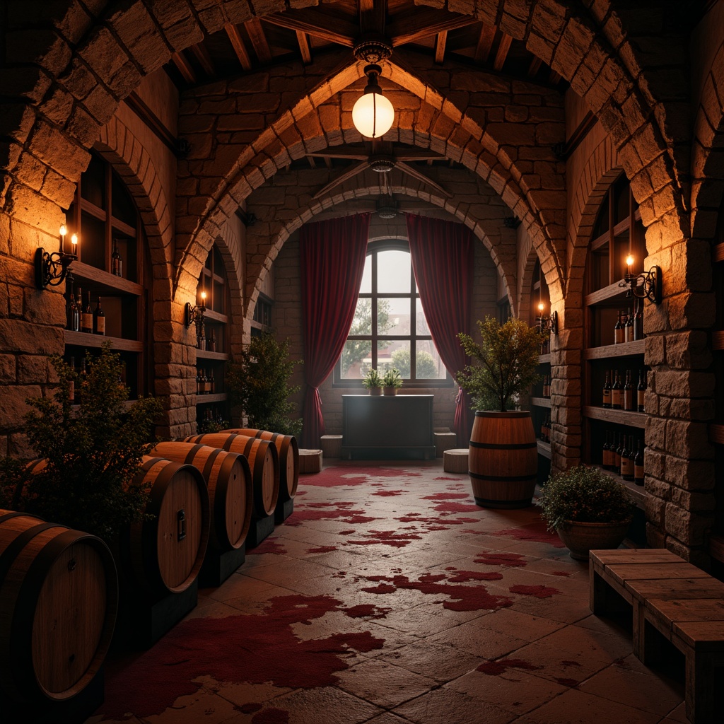 Prompt: Dark mysterious wine cellar, rich wood tones, ornate stone carvings, dim warm lighting, lavish velvet drapes, intricate ironwork, ancient wooden barrels, mystical ambiance, crimson red wine stains, earthy terracotta floors, rustic brick walls, gothic arches, dramatic shadows, high contrast, warm color temperature, cinematic composition, atmospheric fog, subtle misting effect.