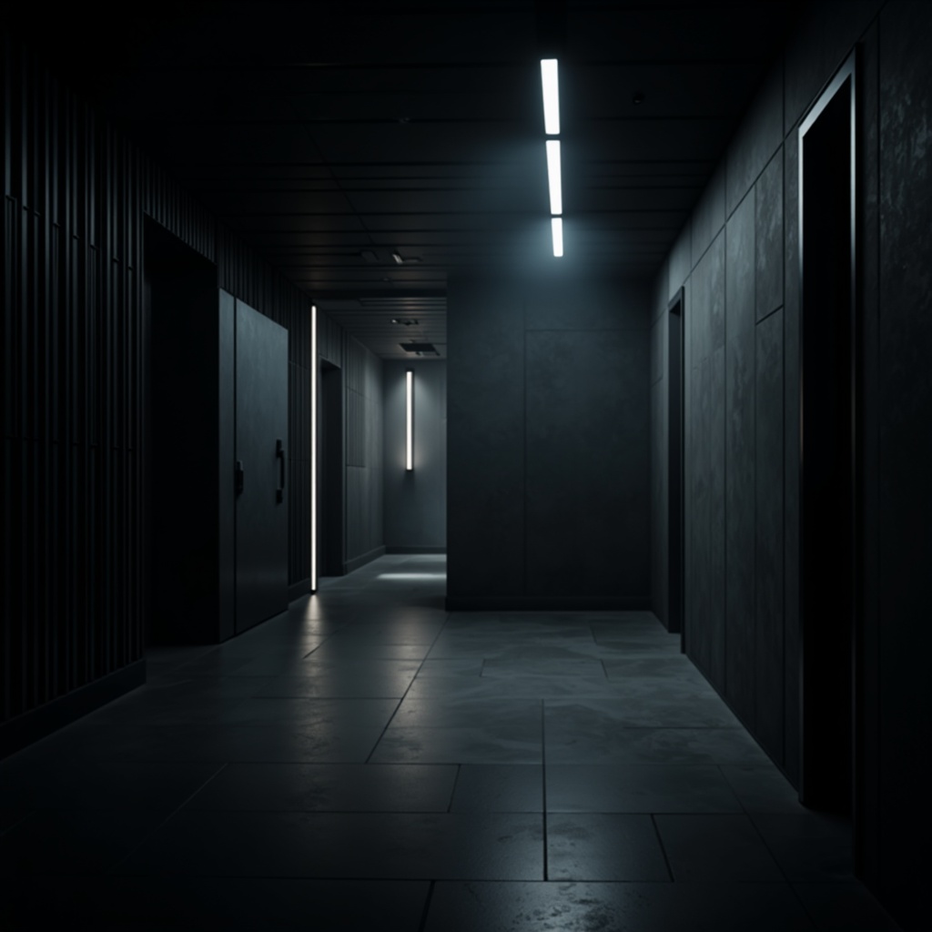 Prompt: Dark cinematic atmosphere, minimalist aesthetic, sleek lines, monochromatic color scheme, dimly lit corridors, isolated spotlights, futuristic LED installations, neon accents, subtle ambient glow, low-key lighting, dramatic shadows, cinematic camera angles, shallow depth of field, 2.39