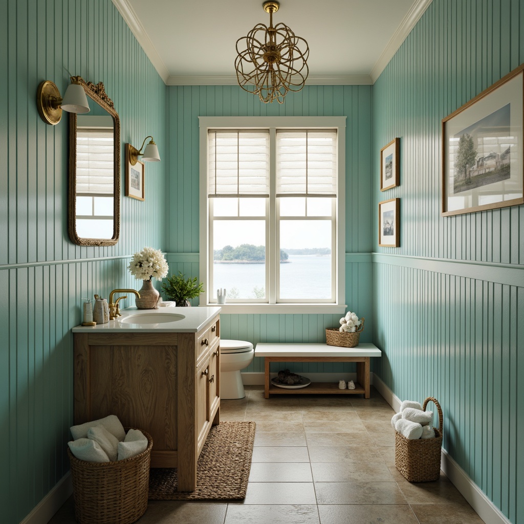 Prompt: Seashell-adorned powder room, soft ocean breeze, calming turquoise walls, driftwood vanity, woven sea grass mat, natural stone flooring, shiplap paneling, nautical-themed accessories, elegant gold fixtures, ornate mirrors, plush white towels, ambient warm lighting, shallow depth of field, 1/1 composition, realistic textures, subtle beachy scent.