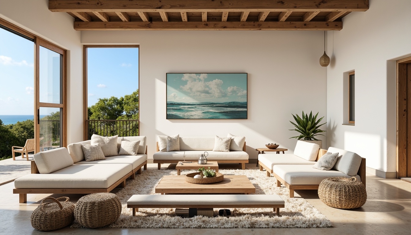 Prompt: Coastal open space, natural light-filled interior, soft calming colors, driftwood accents, woven sea grass textiles, ocean-inspired artwork, minimalist decor, sleek low-profile furniture, polished concrete floors, rustic wood ceilings, beachy vibe, airy atmosphere, floor-to-ceiling windows, sliding glass doors, outdoor-indoor connection, panoramic views, sunny day, warm soft lighting, shallow depth of field, 1/1 composition, realistic textures, ambient occlusion.