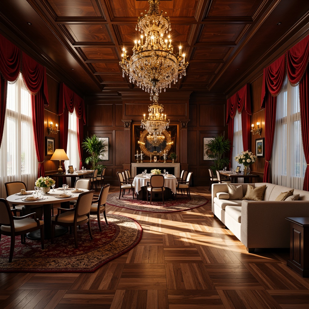 Prompt: Rich wooden flooring, dark walnut tones, elegant herringbone pattern, classic traditional dining room, ornate chandeliers, formal furniture settings, luxurious velvet drapes, warm golden lighting, soft carpeting, comfortable seating areas, refined architectural details, sophisticated interior design, 3/4 composition, shallow depth of field, realistic textures, ambient occlusion.