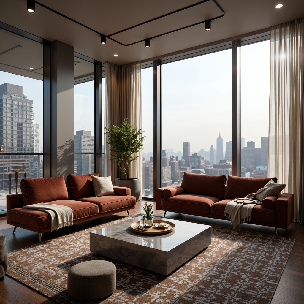 Prompt: Luxurious living room, velvet sofas, marble coffee tables, floor-to-ceiling windows, urban city views, modern minimalist decor, soft warm lighting, cozy throw blankets, wooden flooring, sleek metal accents, geometric patterned rugs, 3/4 composition, shallow depth of field, realistic textures, ambient occlusion.