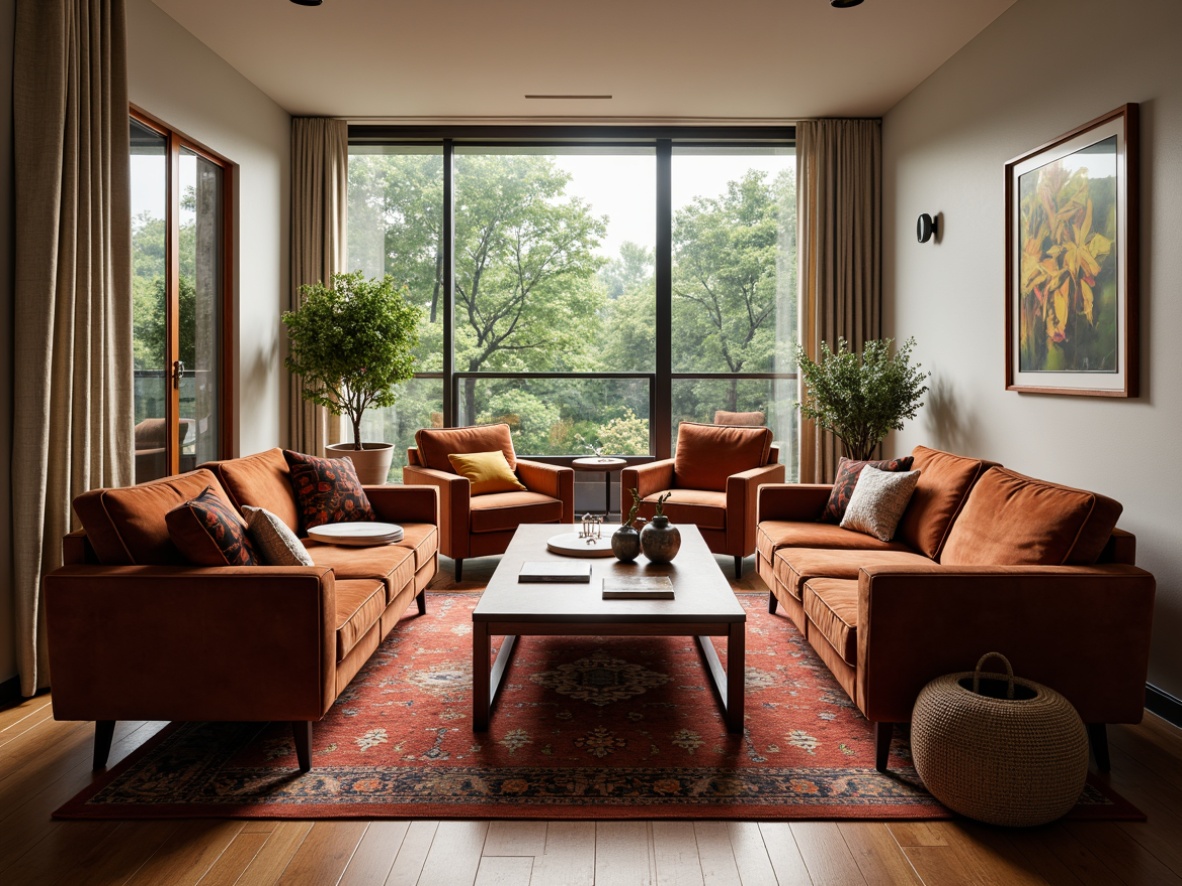 Prompt: Cozy living room, plush sofas, velvet armchairs, wooden coffee tables, soft cushions, vibrant throw pillows, rich carpets, modern minimalist decor, floor-to-ceiling windows, natural daylight, warm ambient lighting, 1/1 composition, shallow depth of field, realistic textures, comfortable seating arrangement, stylish furniture layout, elegant decorative accents.