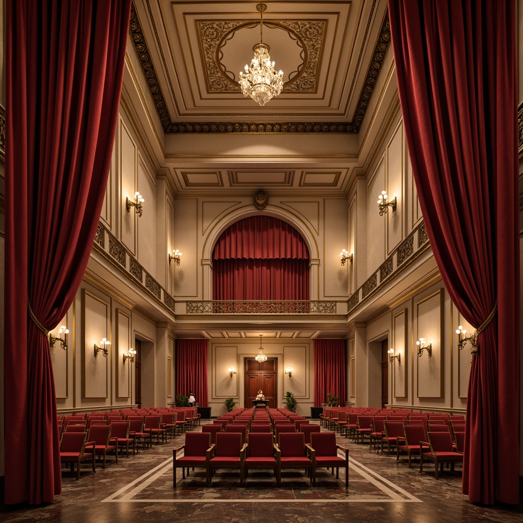 Prompt: Rich velvet curtains, ornate golden frames, soft warm stage lighting, crimson red seats, marble flooring, grand chandeliers, intricate moldings, neoclassical architecture, dramatic archways, lavish furnishings, opulent fabrics, subtle sheen textures, warm beige tones, muted gold accents, elegant typography, sophisticated color palette, 1/2 composition, low-angle shot, cinematic lighting, atmospheric fog effects.