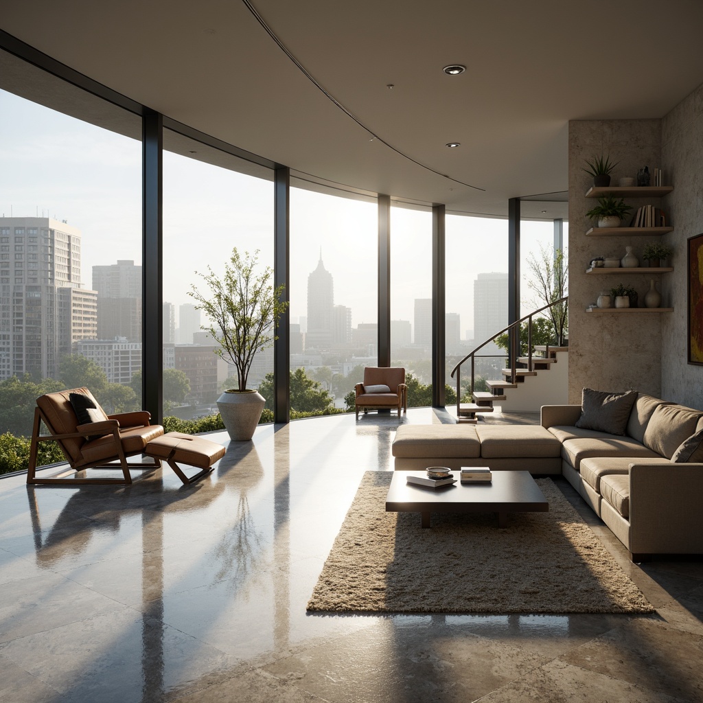 Prompt: Curved lines, minimalist decor, polished marble floors, floor-to-ceiling windows, natural light pouring in, open-plan living areas, sleek low-profile furniture, hidden LED lighting, cantilevered staircases, floating shelves, geometric patterns, abstract art pieces, urban cityscape views, morning fog, soft warm glow, shallow depth of field, 3/4 composition, panoramic view, realistic textures, ambient occlusion.