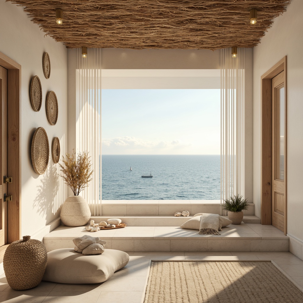 Prompt: Soft warm glow, calming ocean views, delicate shell decorations, creamy white walls, natural woven fibers, driftwood accents, serene ambiance, beachy vibe, warm beige tones, glass pendant lights, nautical rope details, subtle shine, gentle sparkle, softbox lighting, relaxed atmosphere, spa-inspired design, minimalist decor, tranquil retreat, coastal charm, calming color palette.